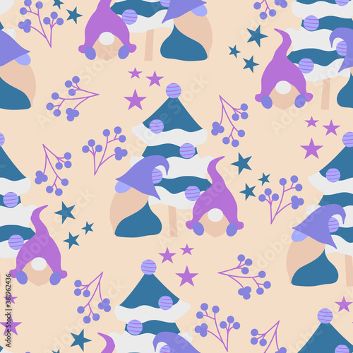Cute vector gnomes in a Christmas decor, seamless pattern design