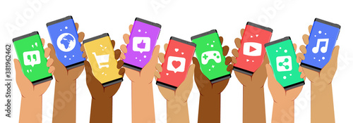 Hands Holding Smartphones up With Icons Representing Social Media Applications on Its Screens