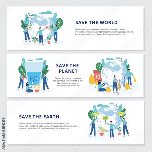Set of banners with ecologists taking care of earth a vector flat illustration