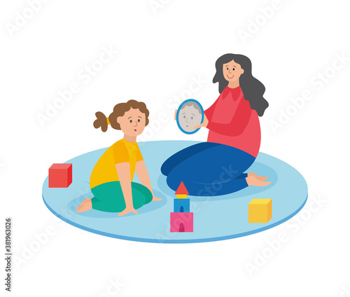 Woman with child on lesson of speech therapy, flat vector illustration isolated.