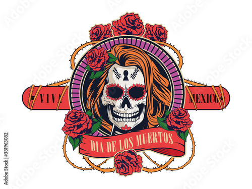 dia de los muertos celebration with woman skull and roses flowers