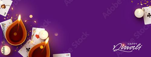 Diwali Festival banner. Celebration Deepavali Festival of Lights is major Hindu religious. Holiday India's. Realistic traditional oil lamp design. Candles and playing card. vector illustration