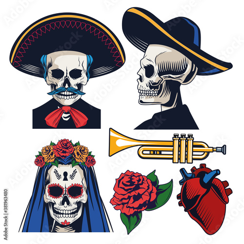 dia de los muertos celebration with bundle icons