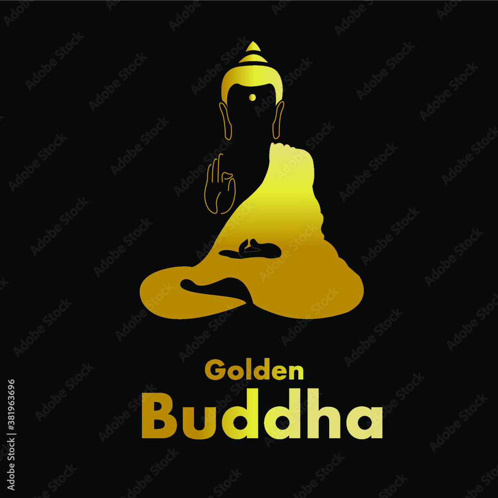 Sitting Golden Buddha silhouette over black background. Vector