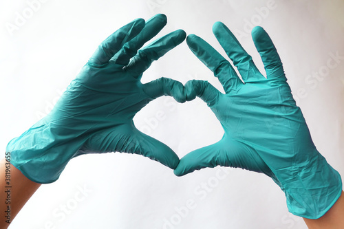 Heart made of green medical gloves, Healthy lifestyle, benefits of vitamins, vaccination, afraid of injections, medical store, pharmacy, presentation, quick recovery, useful habits, proper nutrition
