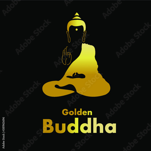 Sitting Golden Buddha silhouette over black background. Vector illustration. Indian, Buddhism, Spiritual motifs. Tattoo, yoga, spirituality. Gold buddha  logo for spa