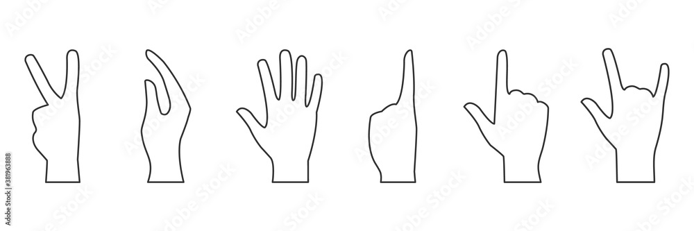 Hands gesture line icon set. Black linear arms silhouette collection. Vector illustration isolated on white. Hands gesture line icon set. Black linear arms silhouette collection. Vector illustration isolated on white.