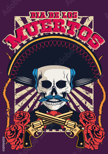 dia de los muertos poster with mariachi skull and guns crossed