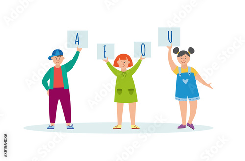 Children learn letters or sounds pronunciation flat vector illustration isolated.