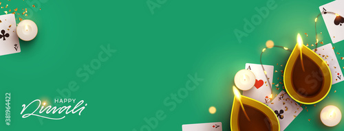 Diwali Festival banner. Celebration Deepavali Festival of Lights is major Hindu religious. Holiday India's. Realistic traditional oil lamp design. Candles and playing card. vector illustration