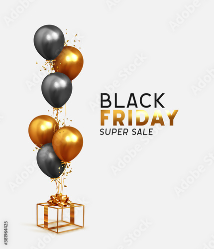 Black Friday Sale. Festive background with helium balloons, gold gift box. Realistic decorative design elements. Vector Ballon 3d object. Poster, banner for advertising. Cover and brochure, card flyer