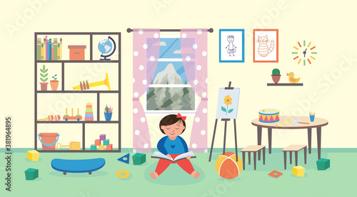 Little girl in child study room interior reading a book. Vector illustration