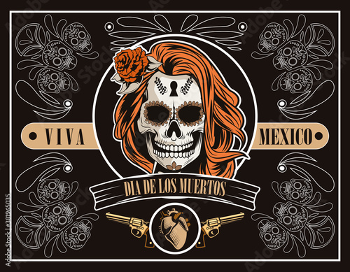 dia de los muertos celebration with woman skull and heart in brown background