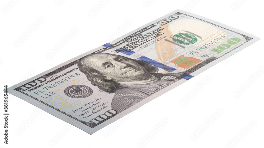 100 dollar bill on white isolated background. Super macro photo panorama. Money United States of America. 100 dollar bill on white isolated background. Super macro photo panorama. Money United States of America.