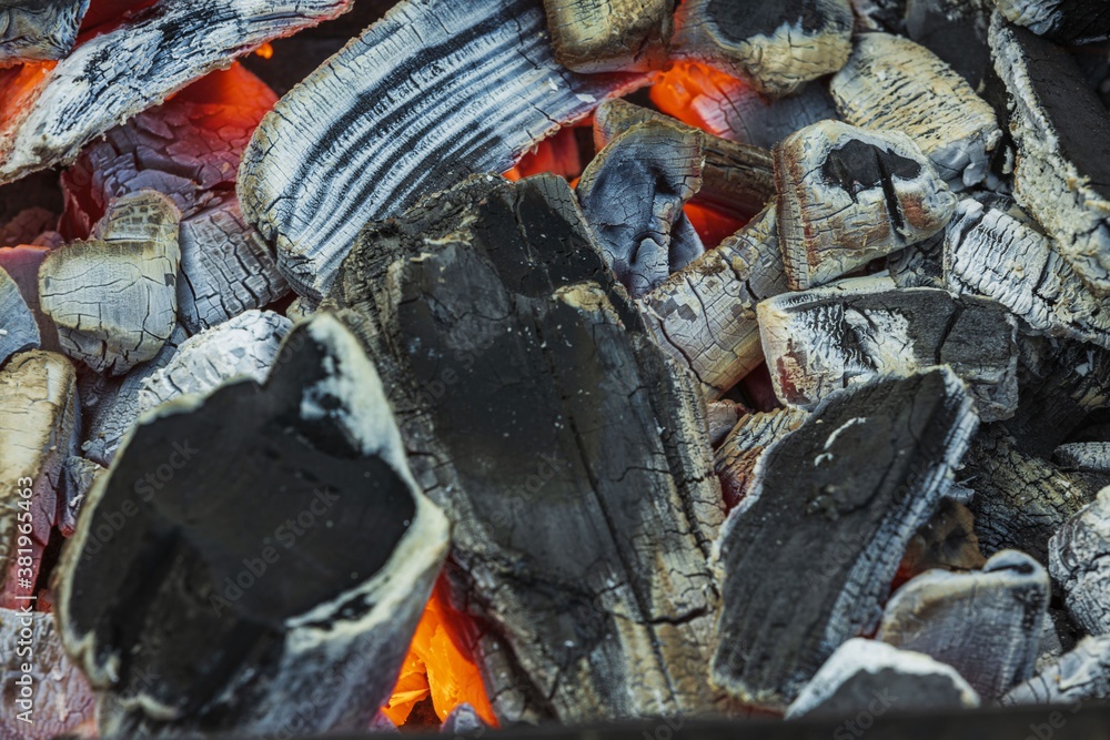 Magic close up view of smouldering coals. Beautiful backgrounds.