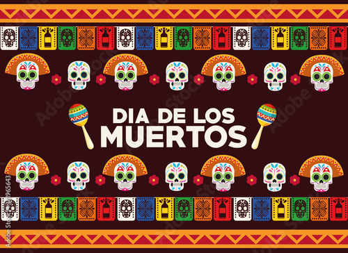 dia de los muertos celebration poster with skulls heads group and maracas