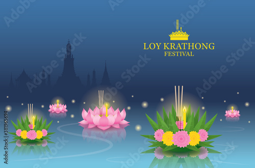 Loy Krathong Festival on the River, Temple Landmark Skyline Background