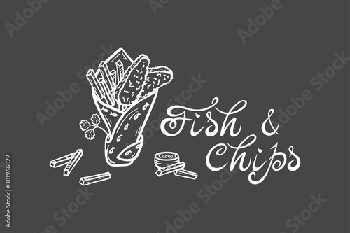 Fish and Chips in Paper Cornet. Traditional British Fast Food. Hand Drawn Sketch Fried Cod Fish and Potato Fries. Seafood and Vegetables. Street Food Menu or Label Design. Vector illustration