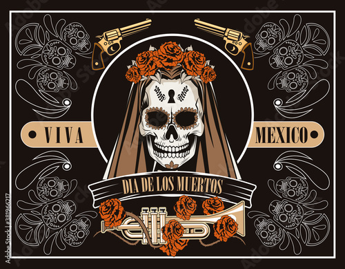 dia de los muertos celebration with woman skull and trumpet in brown background