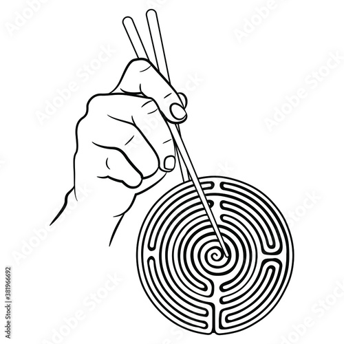Human hand holding maze or labyrinth symbol with chopsticks. Creative concept for comprehending and perceiving. Black and white silhouette.