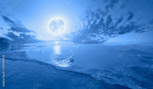 Fototapeta Naklejka Na Ścianę i Meble -  Night sky with blue moon in the clouds, Natural travertine pools and terraces in Pamukkale  