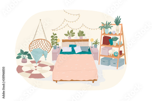 Comfy bedroom interior in Scandinavian style. Vector illustration