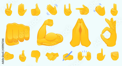 Hand gesture emojis icons collection. Handshake, biceps, applause, thumb, peace, rock on, ok, folder hands gesturing. Set of different emoticon hands isolated vector illustration.