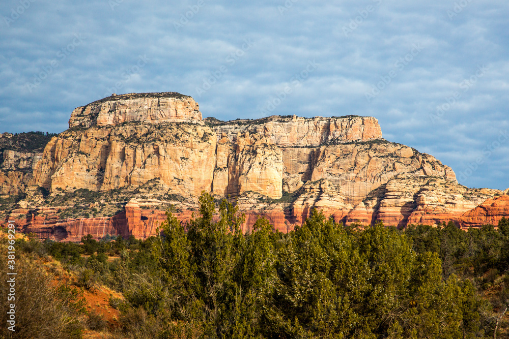 Juniper trees and a formation of  huge red sandstone rocks outside the city of Sedona, Arizona.