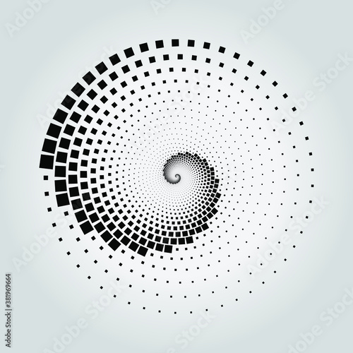 Black square dotted stripes in vortex form. Geometric art. Trendy design element for frame, logo, tattoo, sign, symbol, web, prints, posters, template, pattern and abstract background