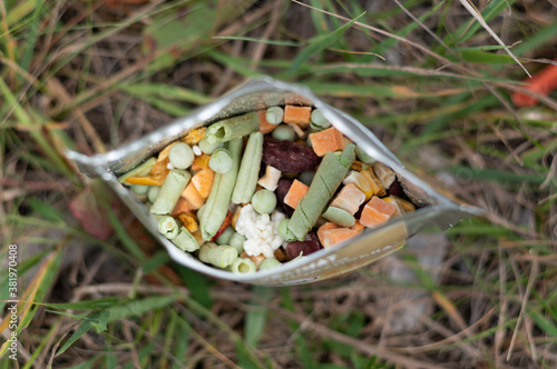 A set of freeze-dried food in a bag. Tourist freeze-dried food. photo