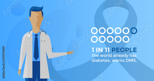 vector 1 in 11 people the world already has diabetes with a male doctor illustration.