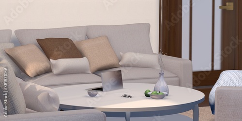 3d illustration living room interior with chair table sofa pillows window laptop photo