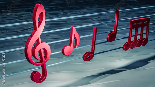 Close up of red music notes with an aquatic blue background. 3D rendering.