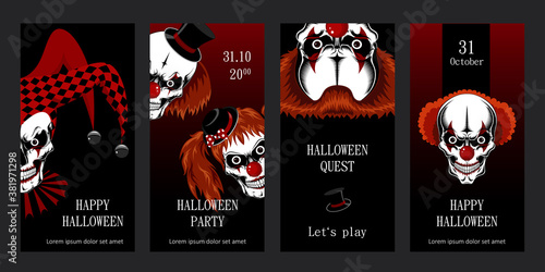A set of Halloween cards featuring scary clowns. Templates for postcards, flyers, banners. Vector image of skulls of evil clowns.