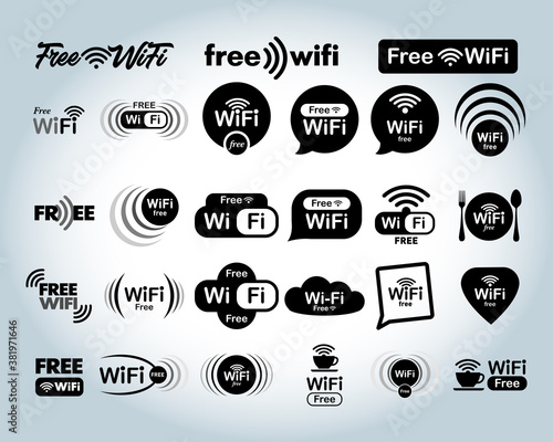 Set of free WiFi and zone sign. Remote access and radio waves communication symbols. Vector illustration. Isolated on white background