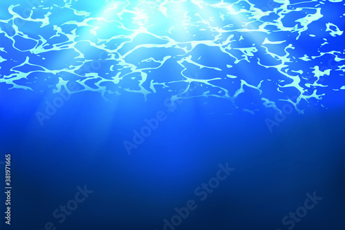 Summer. Water surface texture. Underwater background. Waves of effects. Blue underworld. Ocean, sea. Diving. Blue sea pool water. Bottom view. Vector illustration nature background.