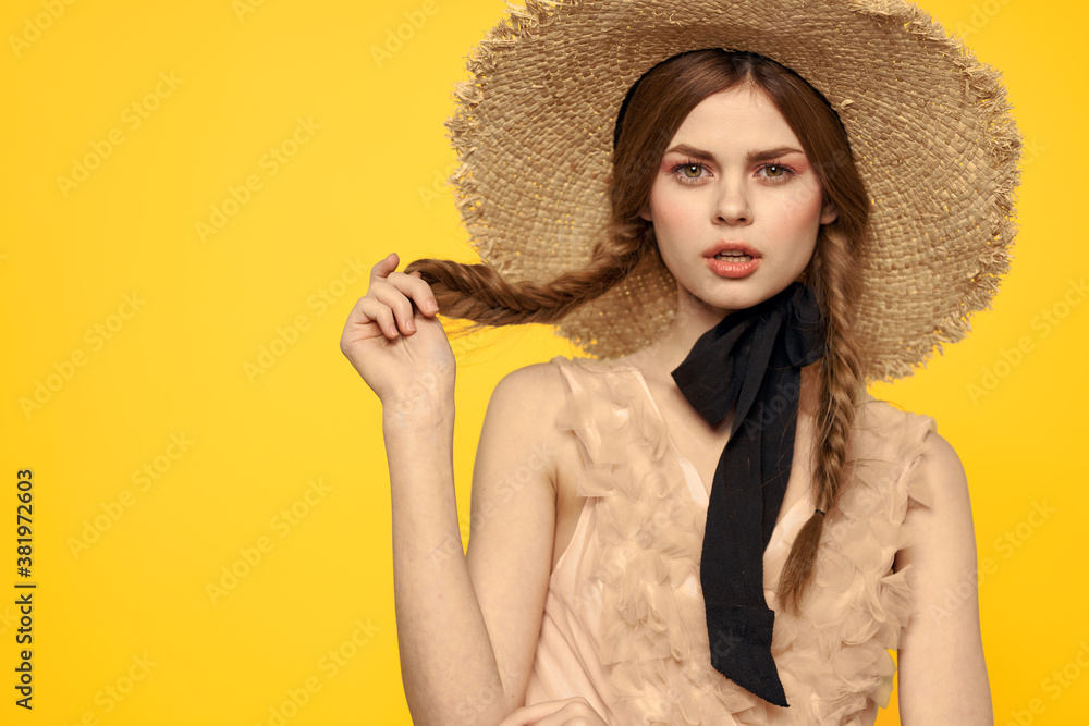 portrait of woman with red pigtails on yellow background cropped view emotion fun portrait of woman with red pigtails on yellow background cropped view emotion fun