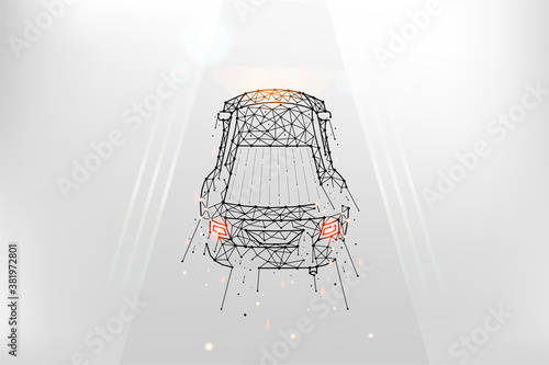 Car driving on the road polygonal vector illustration. A car made of lines and dots on a light background.
