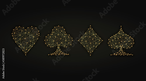 Golden abstract illustration of playing card suits on a dark background. Hearts, spades, clubs, diamonds symbols made from lines and dots.