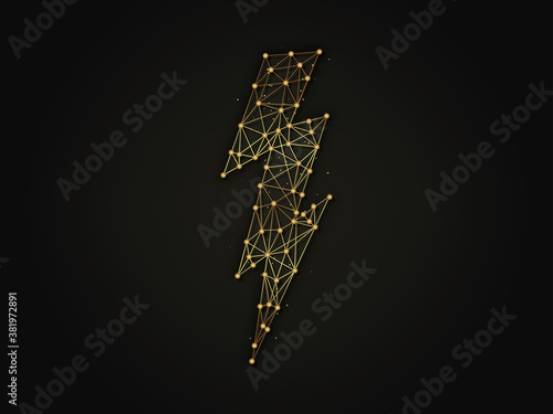 Golden abstract illustration of a lightning symbol on a dark background. Lightning shape made from lines and dots.