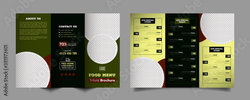 Food trifold brochure menu template. fast food menu brochure for restaurant with black and green color