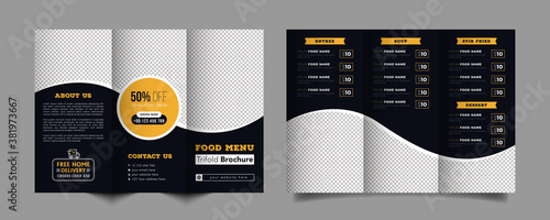 Food trifold brochure menu template. fast food menu brochure for restaurant with black and yellow color