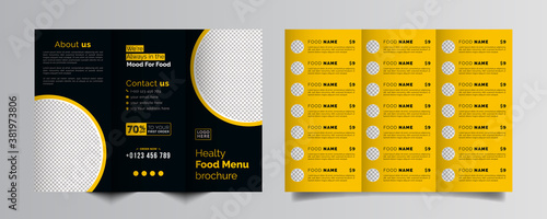 Food trifold brochure menu template. fast food menu brochure for restaurant with black and yellow color