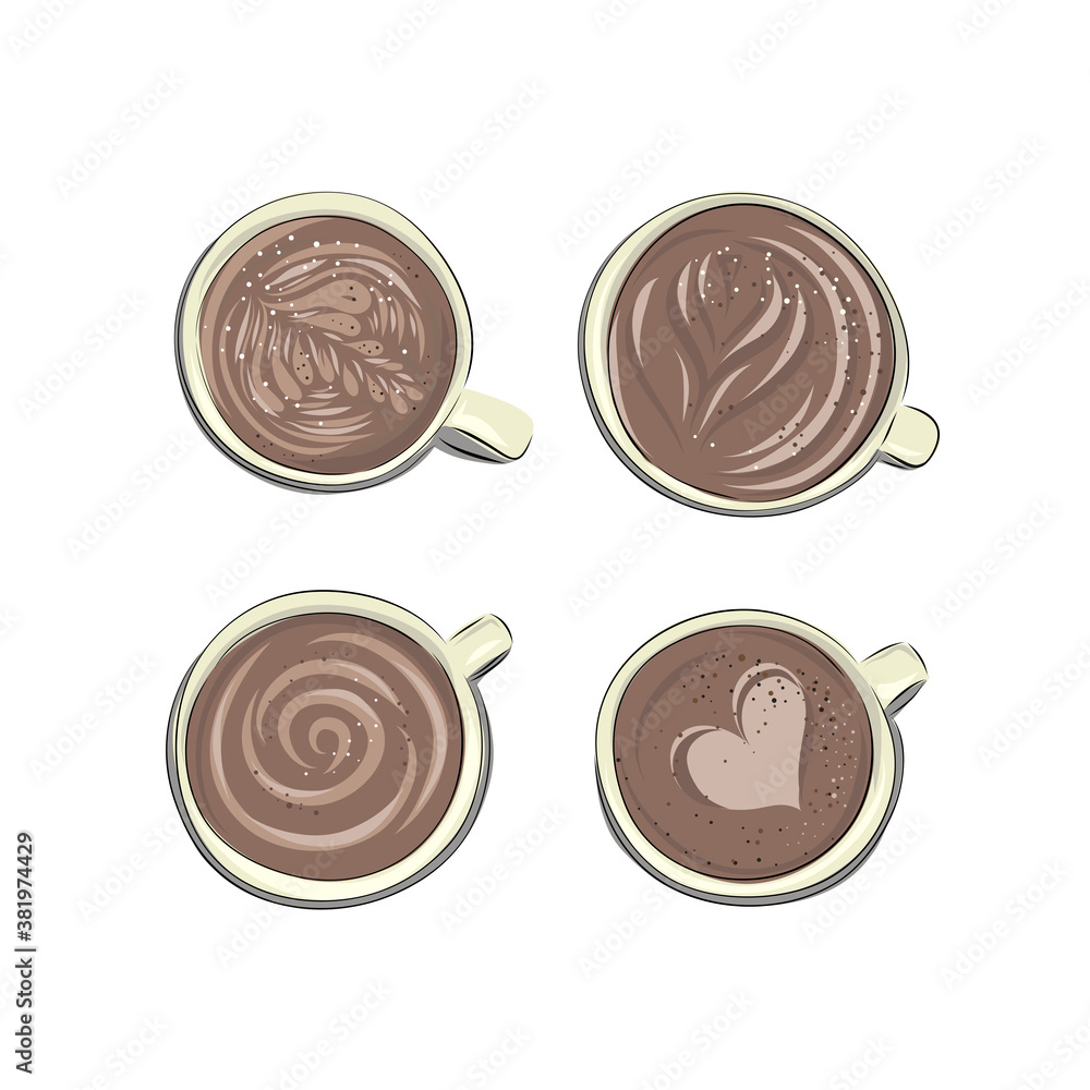 Large set of drinks cups of coffee and tea. Mugs of aromatic cappuccino and americano with milk, drawings, scribble foam. Hand drawn cartoon style flat drinks. Top view. Large set of drinks cups of coffee and tea. Mugs of aromatic cappuccino and americano with milk, drawings, scribble foam. Hand drawn cartoon style flat drinks. Top view.