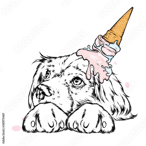 Funny dog with ice cream on his head. Cute puppy. Vector illustration for a postcard or poster.
