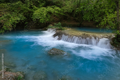 small waterfalls produced elsa river in the colle di val d elsa river park tuscany italy