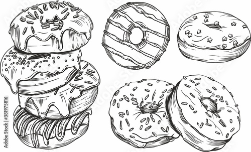 Illustrations in the style of linear drawing. Black and white graphics. Croissants, various pastries, cakes, bagels, cupcakes, bagels, cookies. Images for menus and banners.