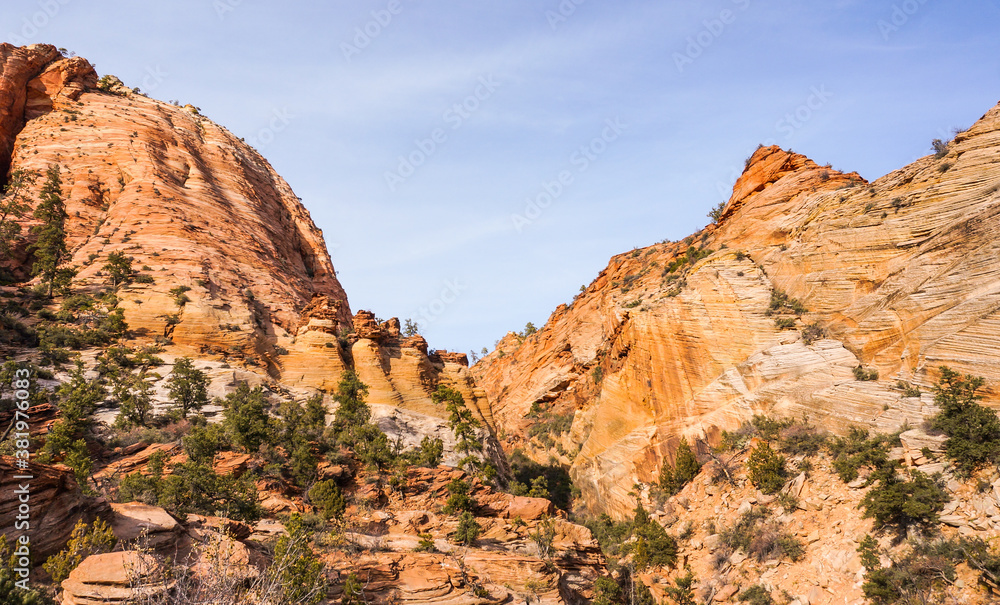Textured sandstone cliffs with greenery in Utah