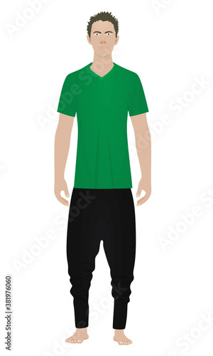 White male boy in green  and harem pants  standing. vector