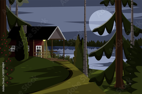 Vector illustration of a tiny house in a summer landscape. Night scene